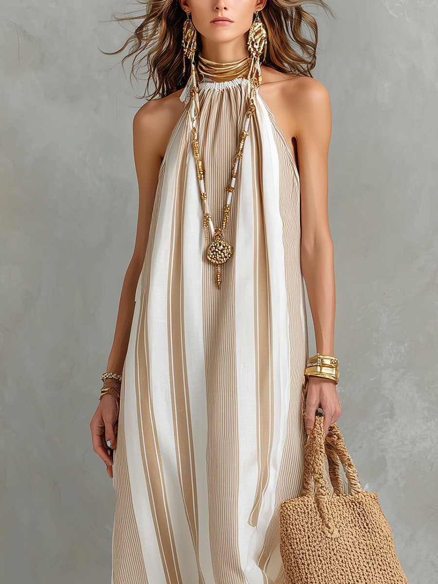 Robe longue rayée dos nu, sophistiquée et élégante