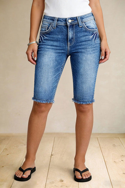 Star & Stripe Embroidery Raw Hem Ripped High Waist Denim Bermuda Shorts