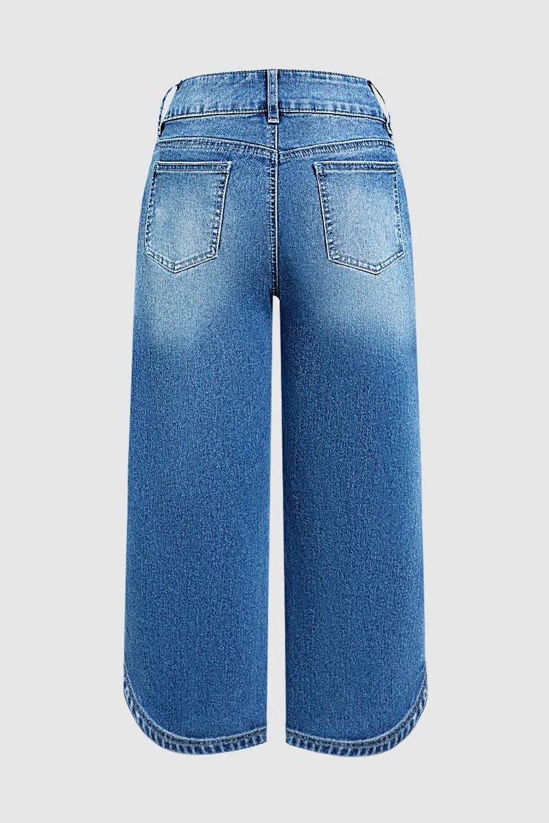 Wash Split Hem Dual Button Mid Rise Wide Leg Jeans