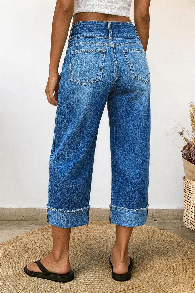 Wash Roll Hem Button Up Mid Rise Barrel Leg Crop Jeans