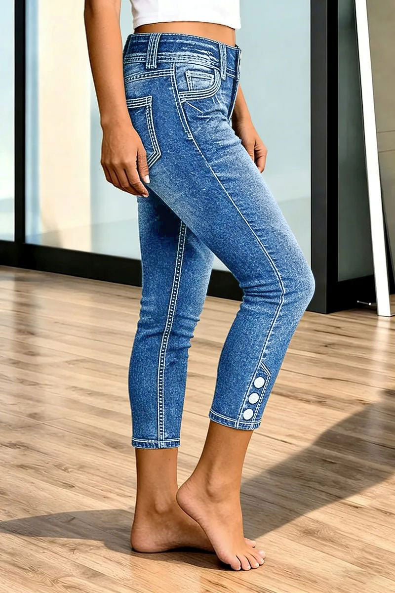 Wash Button Side Mid Waist Skinny Crop Jeans