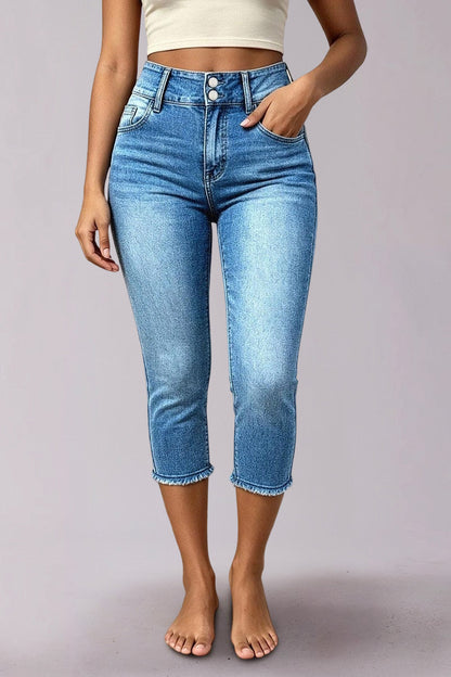 Braided Detail Raw Hem High Rise Capri Skinny Jeans