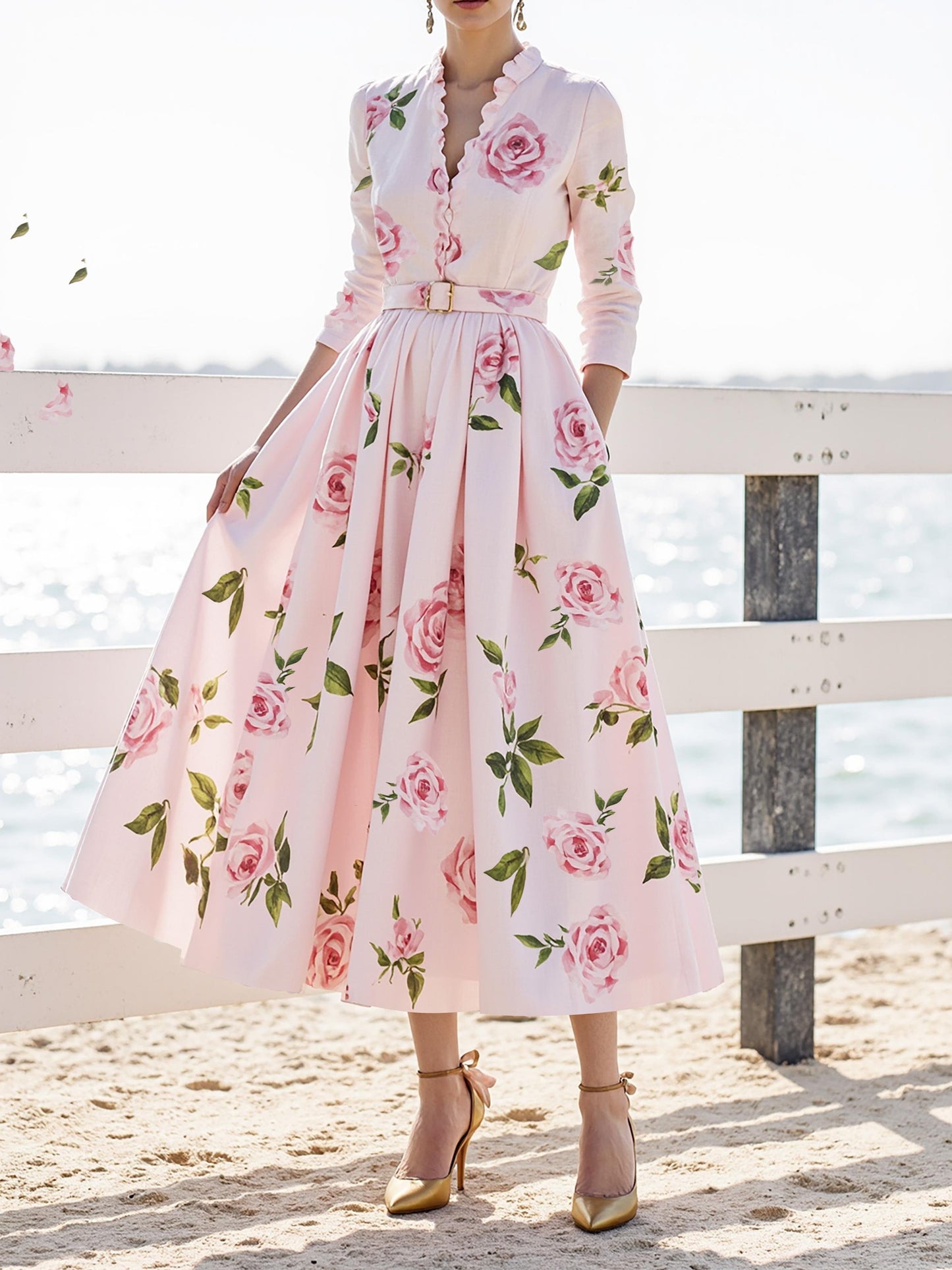 Robe midi en lin, manches longues, col en V, motif floral, ceinture, vacances, vintage, rose clair
