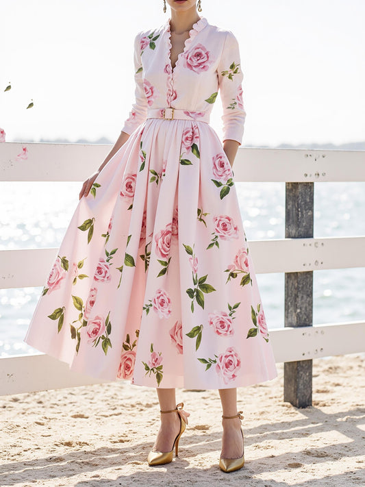 Robe midi en lin, manches longues, col en V, motif floral, ceinture, vacances, vintage, rose clair