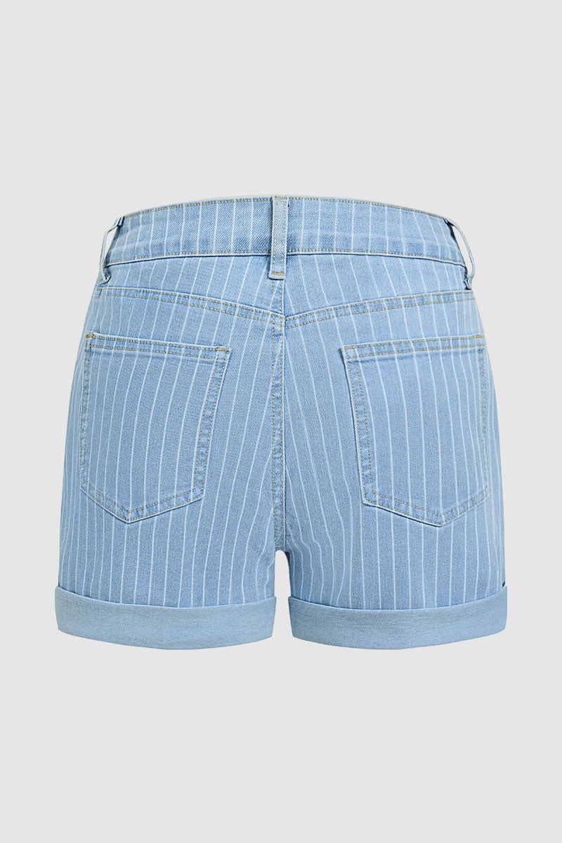 Striped Patch Pocket Roll Hem Mid Rise Denim Shorts Without Belt