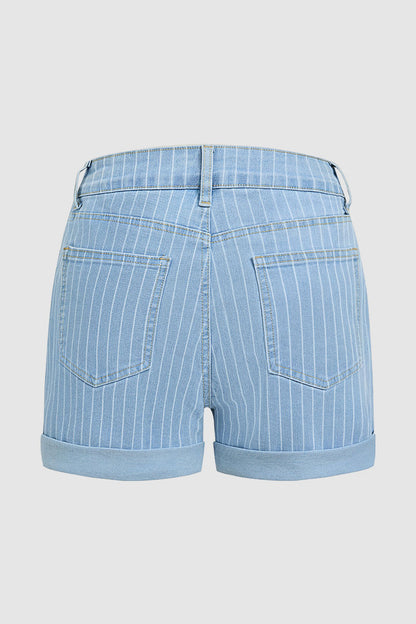 Striped Patch Pocket Roll Hem Mid Rise Denim Shorts Without Belt