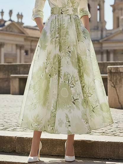 Robe longue en lin, Manches courtes, Col montant, Imprimé floral, Vacances, Vintage, Vert clair