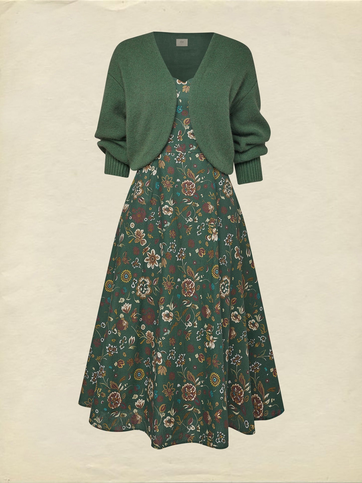 Robe midi en lin, manches longues, col carré, motif cachemire, vintage, verte