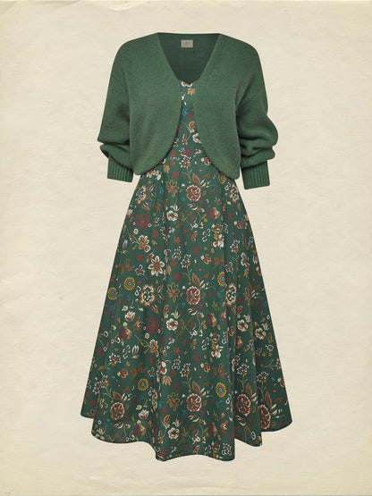 Robe midi en lin, manches longues, col carré, motif cachemire, vintage, verte