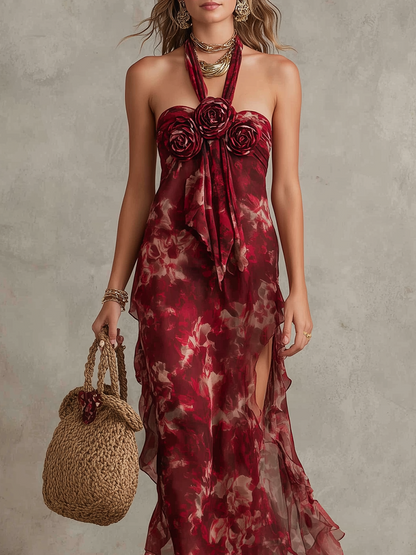 Robe sans manches en mousseline de soie à imprimé floral romantique et roses 3D