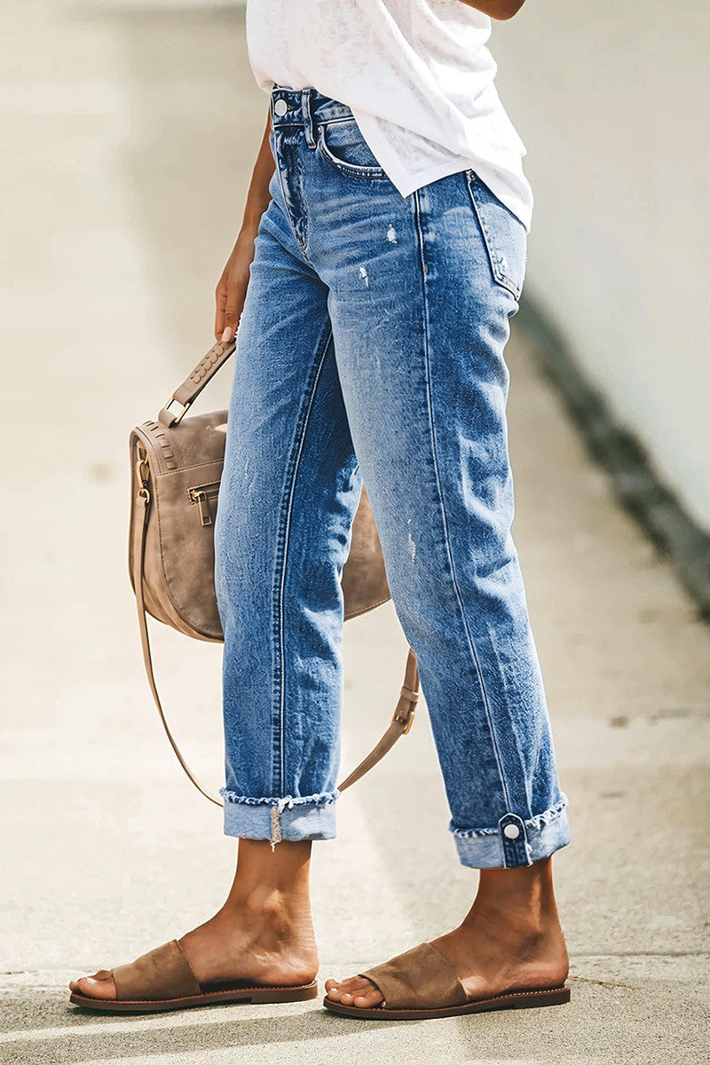 Wash Button Tab Roll Hem Mid Waist Straight Leg Crop Jeans