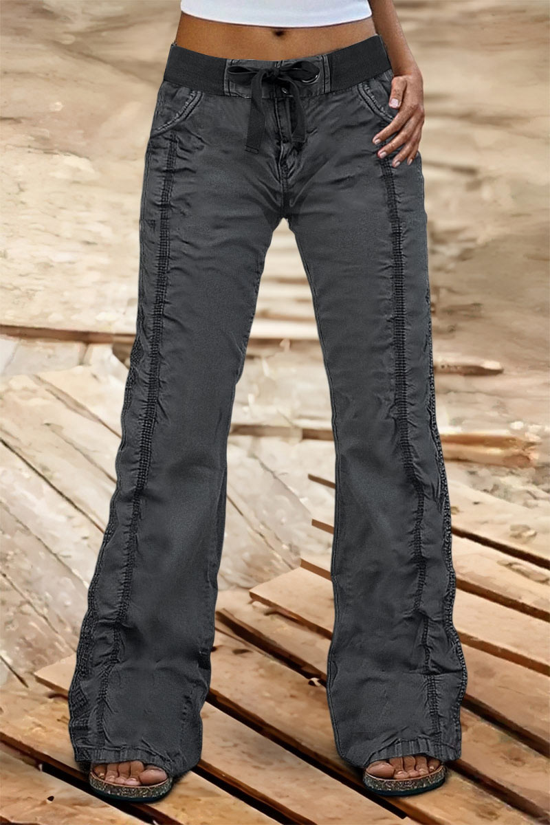 Solid Stitch Detail Mid Rise Straight Leg Cargo Pants Without Belt