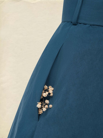 Robe midi en coton, demi-manches, col en V, unie, boutonnée, style vintage français, bleu marine