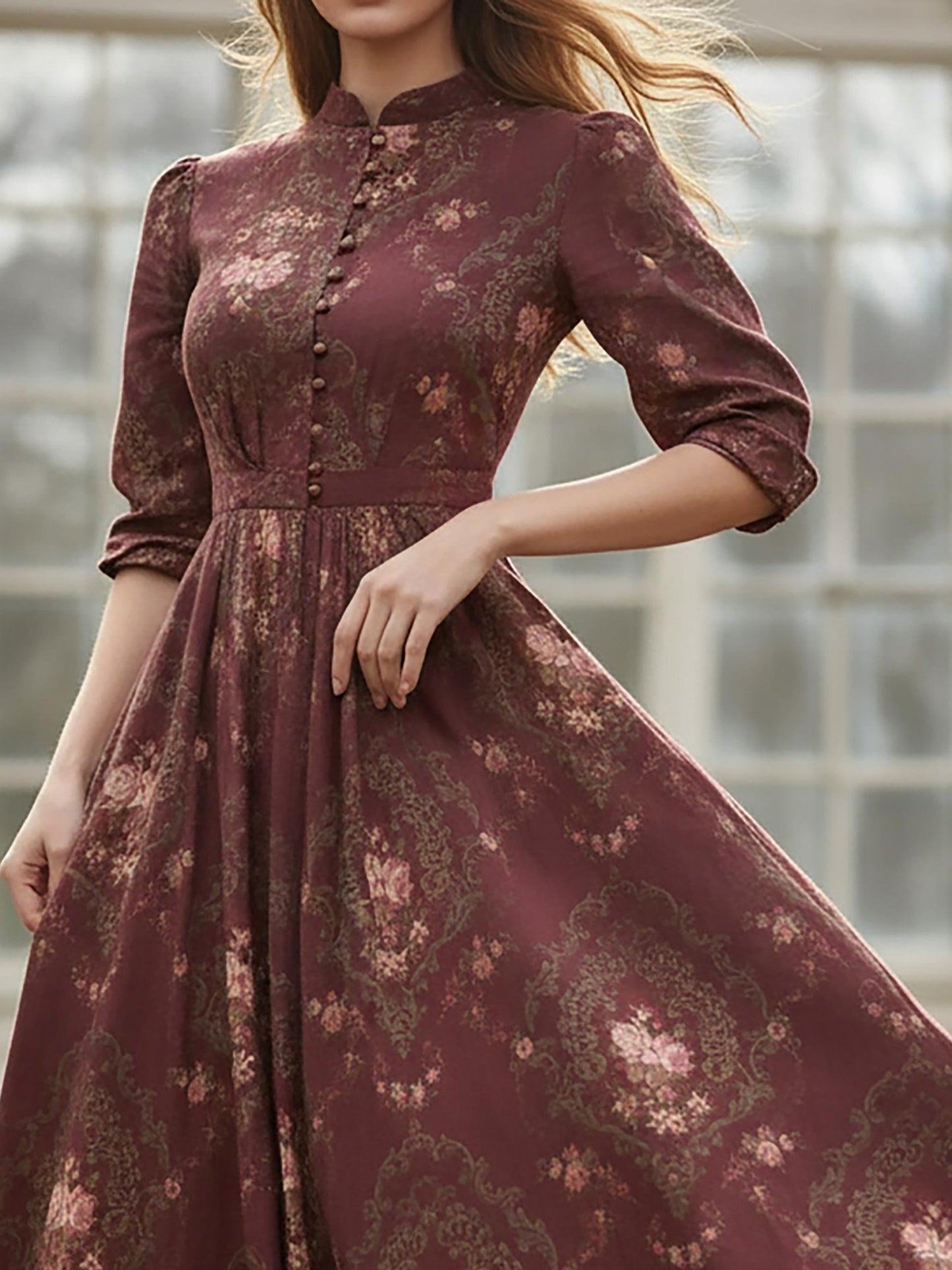 Robe longue en lin, manches longues, col montant, motif floral, boutonnée, style vintage, couleur rouge
