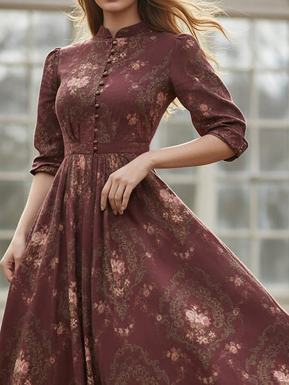 Robe longue en lin, manches longues, col montant, motif floral, boutonnée, style vintage, couleur rouge