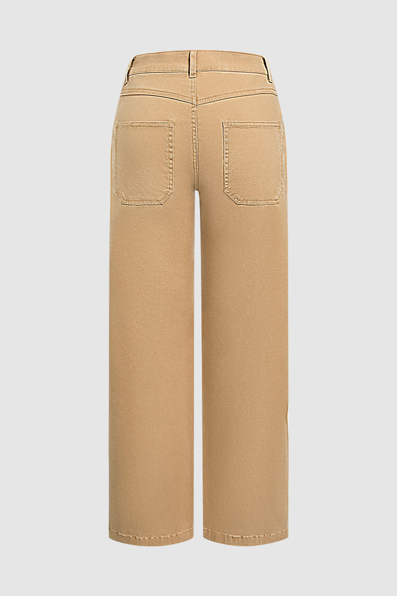 Solid Stitch Detail Mid Waist Bootcut Pants Without Belt