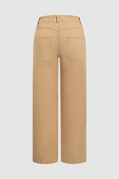 Solid Stitch Detail Mid Waist Bootcut Pants Without Belt
