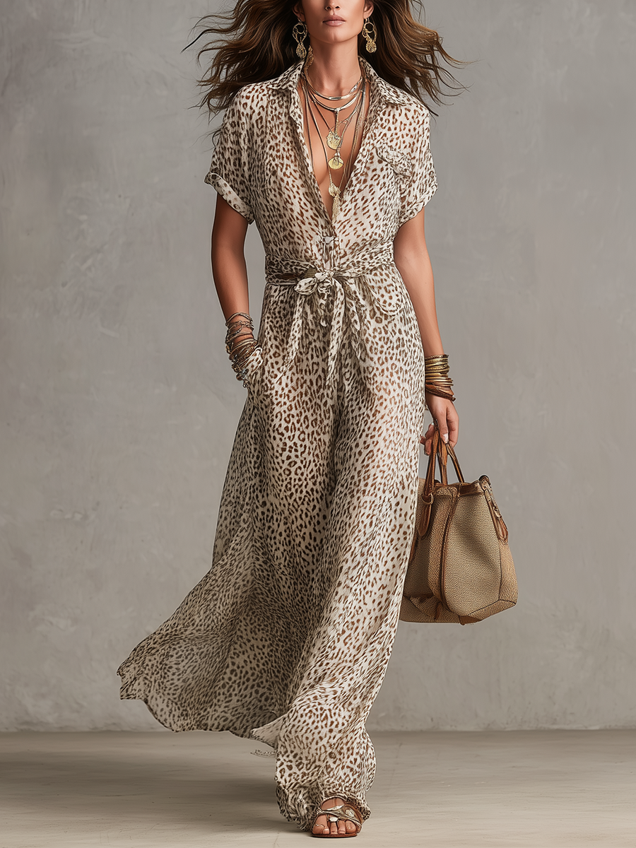 Robe Ceinturée Imprimé Léopard Style Rétro