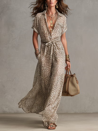 Robe Ceinturée Imprimé Léopard Style Rétro