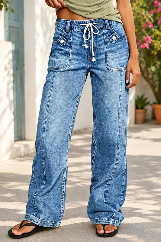 Wash Seam Front Drawstring Mid Rise Straight Leg Jeans