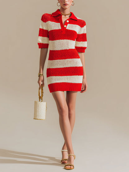 Chic Vintage Red Beige Lapel Collar Button-up Short-Sleeve Loose-Fit Knit Mini Dress