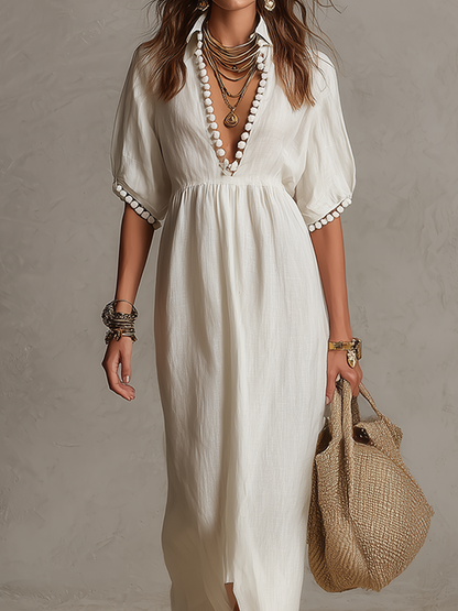 Robe longue bohème blanche à pompons et perles