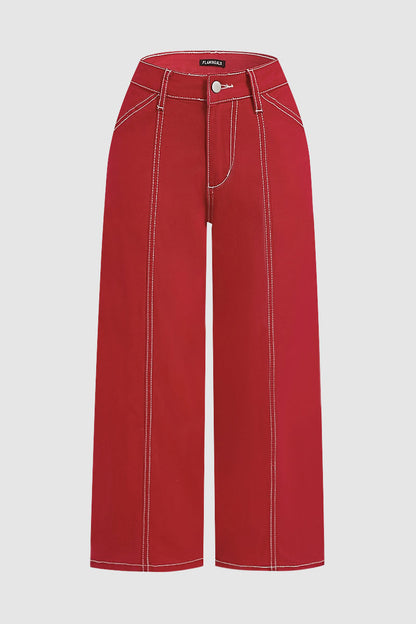 Contrast Stitch Mid Rise Wide Leg Crop Pants