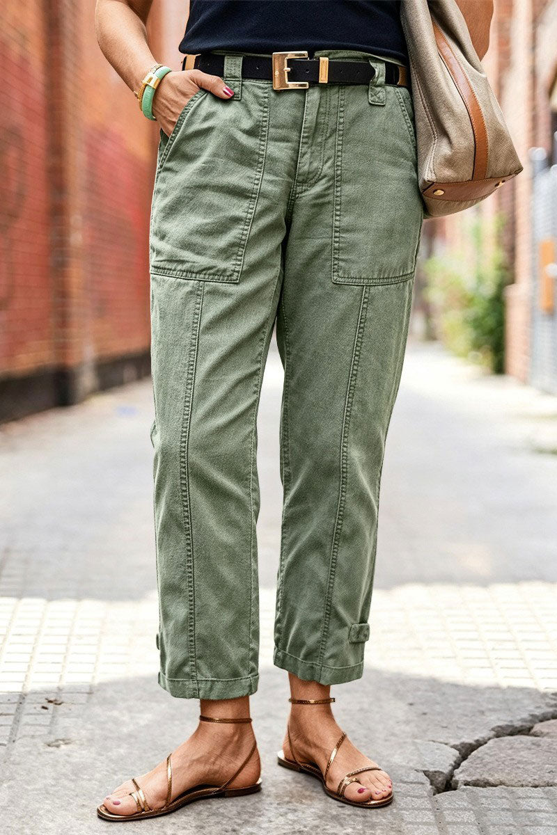 Solid Button Detail Mid Waist Straight Leg Cropped Pants Without Belt
