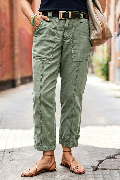 Solid Button Detail Mid Waist Straight Leg Cropped Pants Without Belt