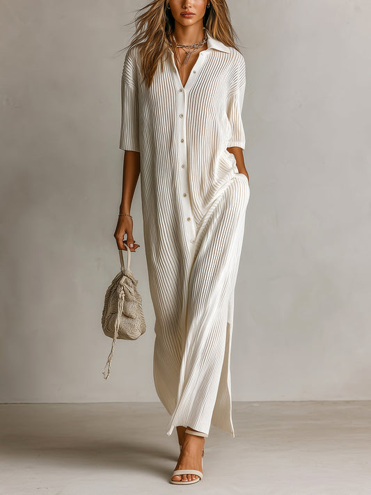 Chic Elegant Cream White Lapel Collar Single-Breasted Short-Sleeve Loose-Fit Side-Slit Ribbed Knit Maxi Dress