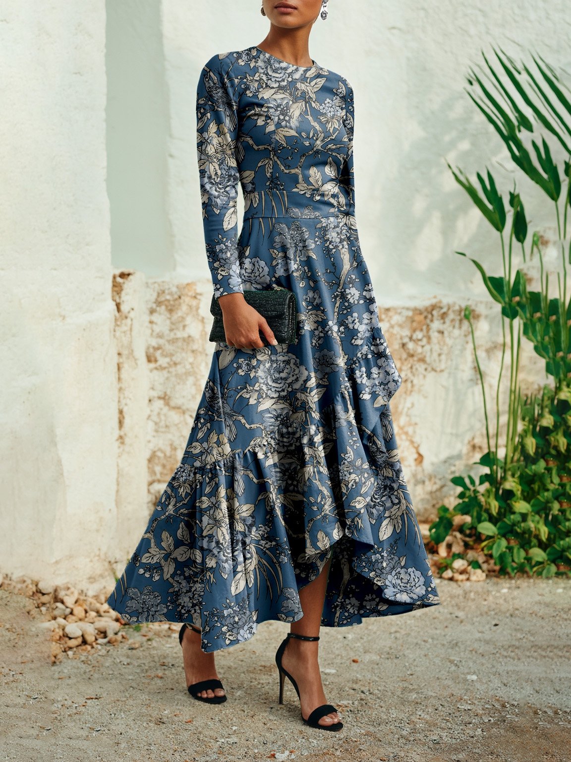 Robe longue en lin, manches longues, col rond, florale, volants, vintage, bleu profond