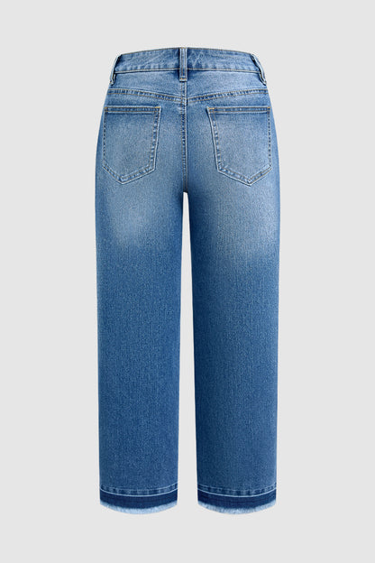 Wash Raw Hem Mid Waist Straight Leg Crop Jeans Without Belt