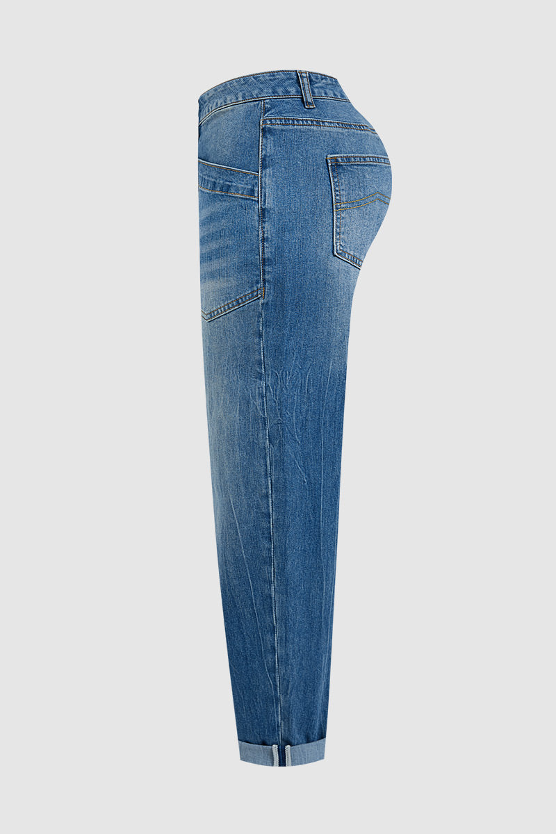 Wash Patch Pocket Dual Button Mid Rise Barrel Leg Crop Jeans