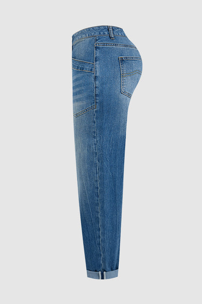 Wash Patch Pocket Dual Button Mid Rise Barrel Leg Crop Jeans