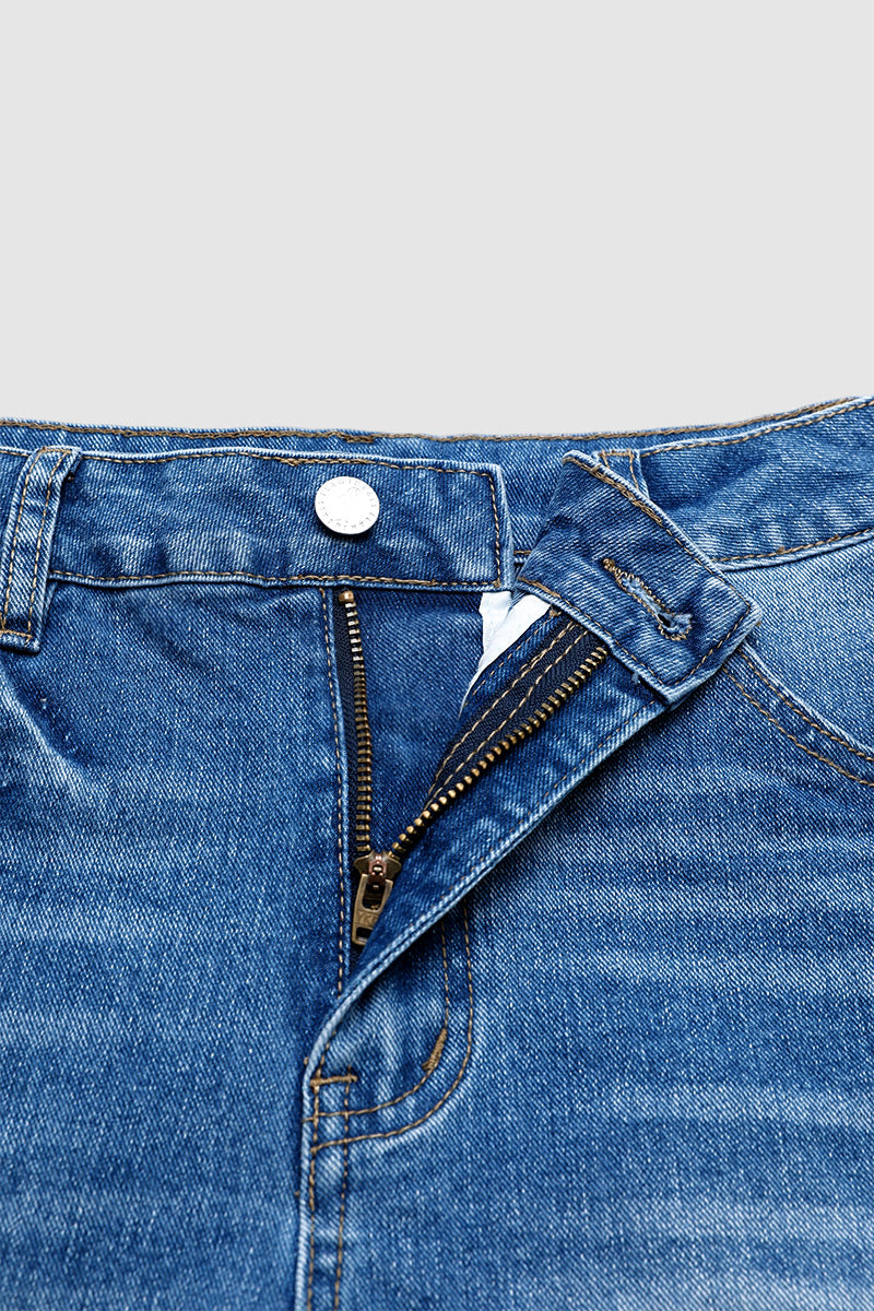Wash Scallop Trim Raw Hem Mid Rise Denim Shorts