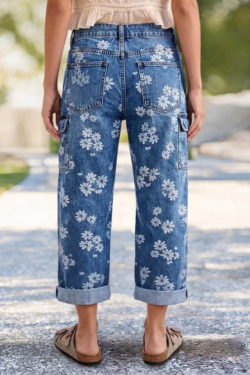 Floral Print Roll Hem Drawstring High Waist Barrel Leg Crop Jeans