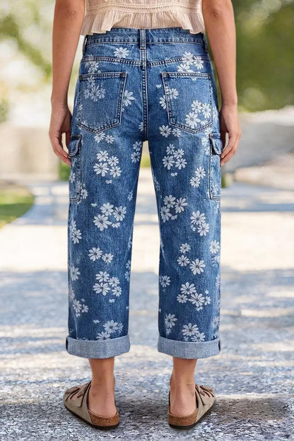 Floral Print Roll Hem Drawstring High Waist Barrel Leg Crop Jeans