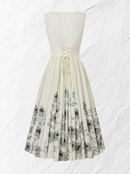 Robe Midi en Lin, Sans Manches, Col Rond, Imprimé Floral, Vacances, Style Vintage, Noire