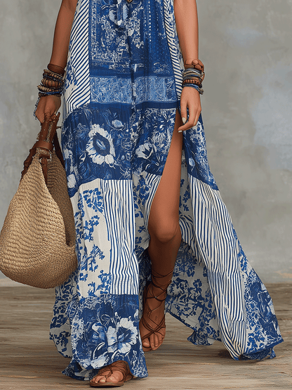 Robe longue fendue bohème chic à motif floral bleu