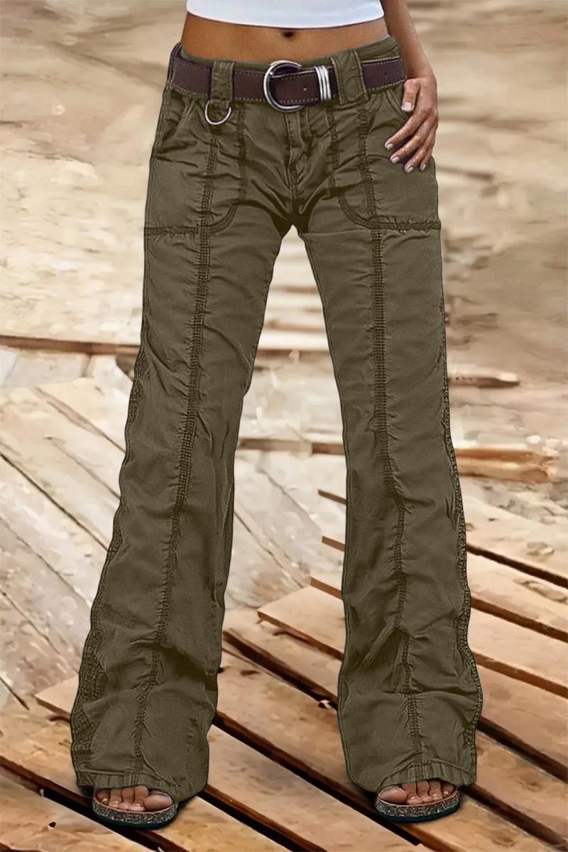 Solid Stitch Detail Mid Rise Straight Leg Cargo Pants Without Belt