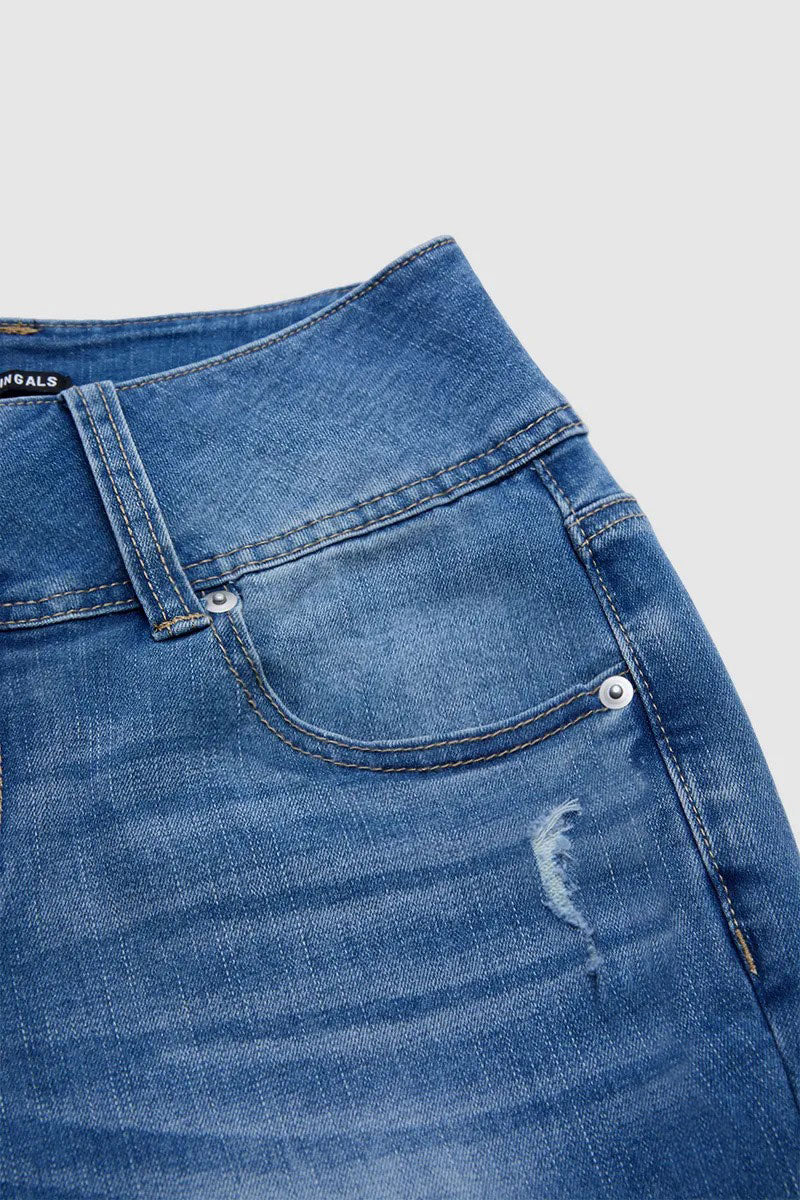 Wash Button Decor Mid Waist Skinny Capri Jeans