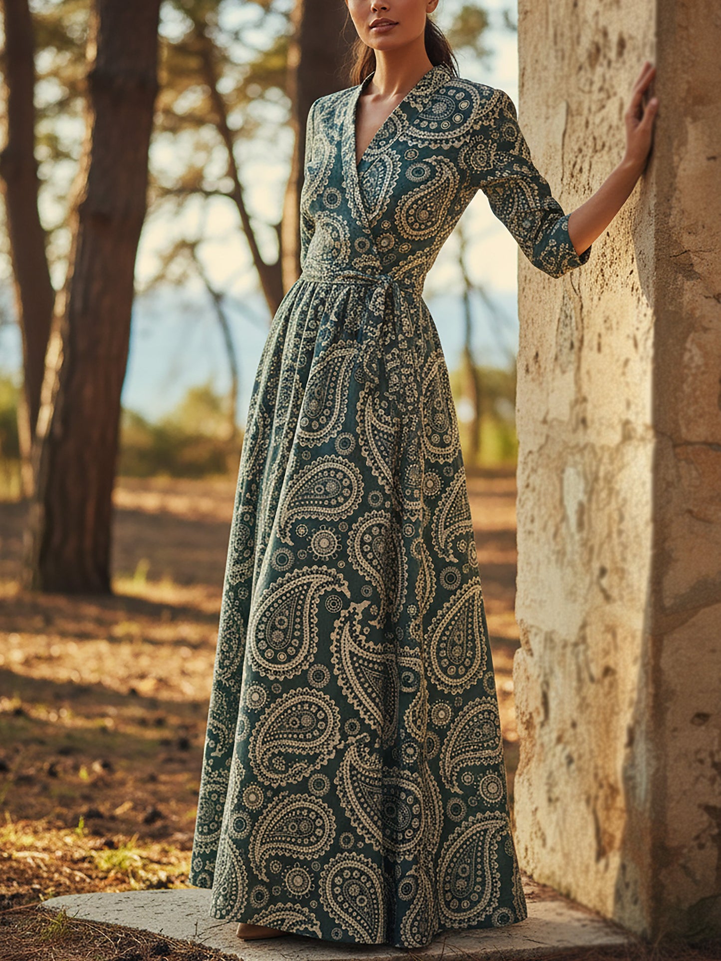 Robe longue en lin, Manches mi-longues, Col en V, Motif cachemire, Ceinture, Vintage, Cyan