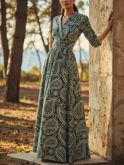 Robe longue en lin, Manches mi-longues, Col en V, Motif cachemire, Ceinture, Vintage, Cyan