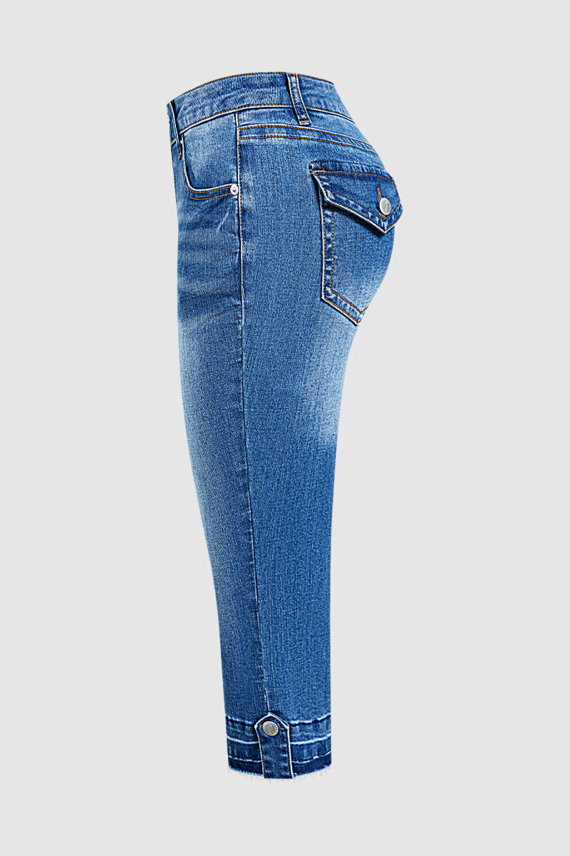 Raw Hem Button Tab Mid Waist Skinny Capri Jeans