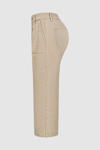 Solid Patch Pocket Mid Rise Straight Leg Crop Pants