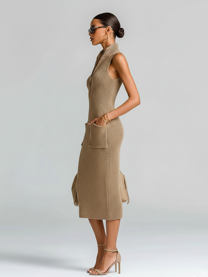Stylish Elegant Camel Stand-Collar Zipper-Front Patch Pockets Sleeveless Slim-Fit Knit Midi Dress