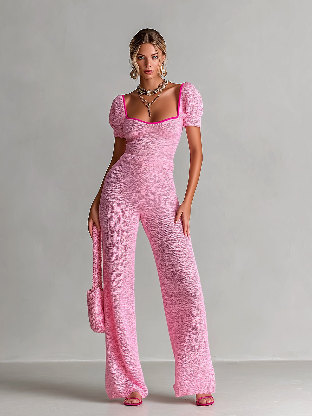 Chic Elegant Pink Contrast Trim Square Neck Short Puff Sleeve Tailored Waist Wide-Leg Knit Jumpsuit