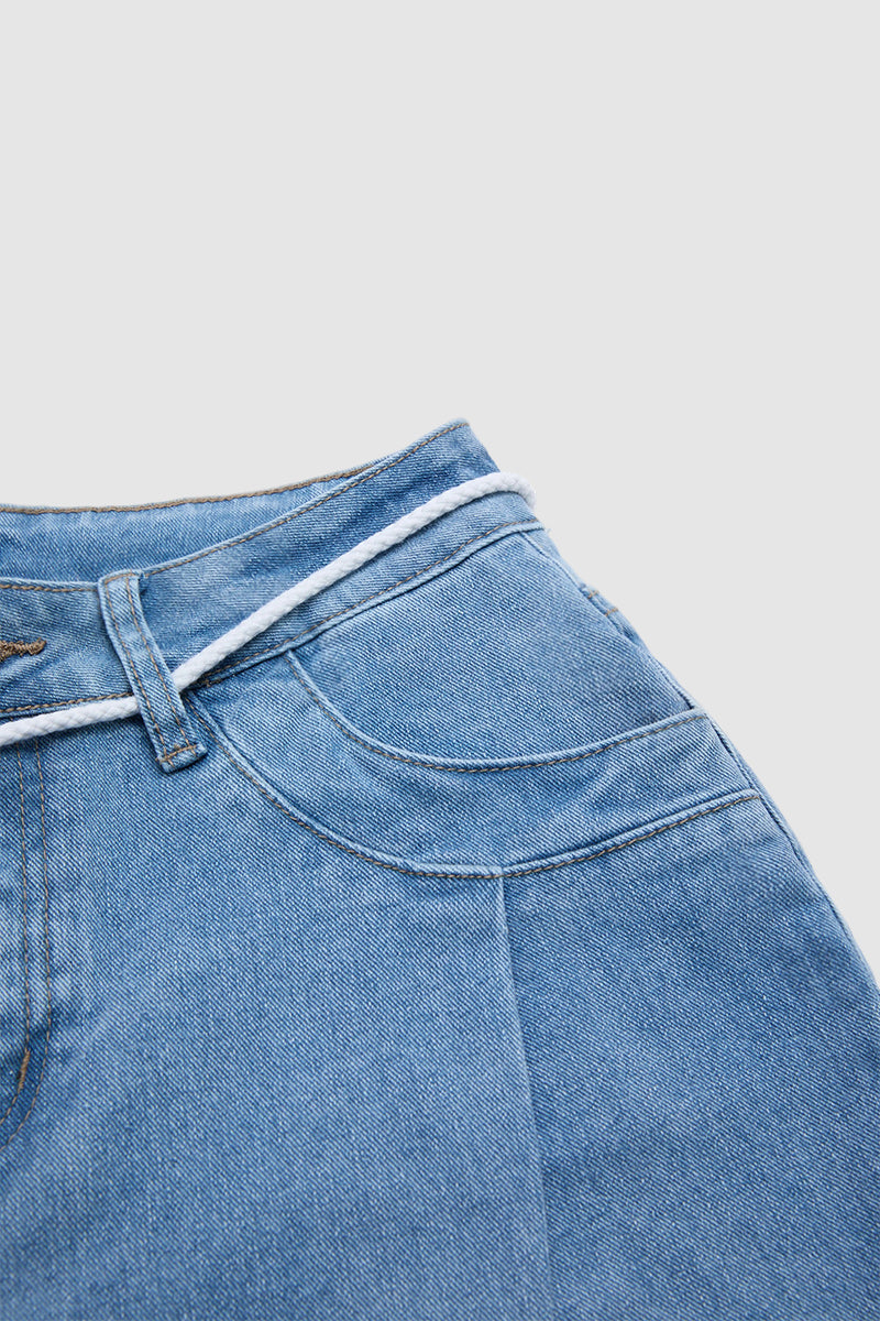 Wash Drawstring Adjustable Pleated High Waist Straight Leg Capri Jeans