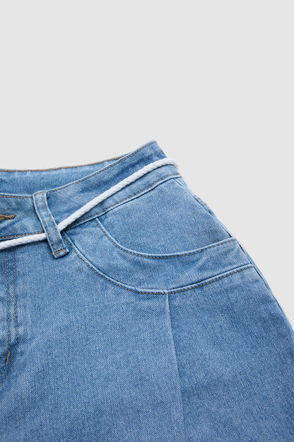 Wash Drawstring Adjustable Pleated High Waist Straight Leg Capri Jeans