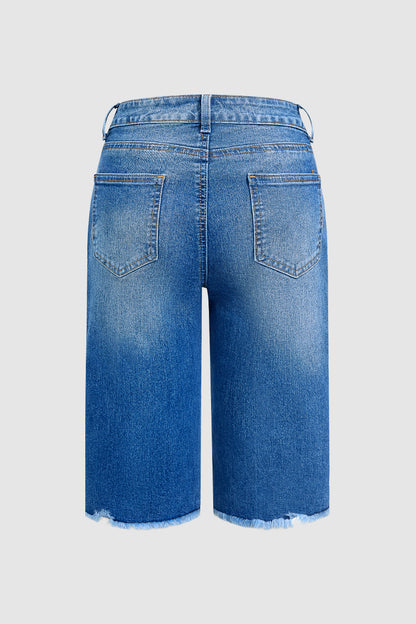 Raw Hem Ripped High Waist Denim Bermuda Shorts